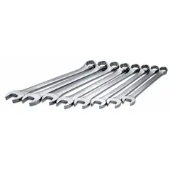 This 8-piece SAE 12-point combination wrench set features a chrome finish and a 15° head offset angle. The wrenches are constructed from alloy steel. Suitable for tightening and loosening fasteners in automotive repair, machinery maintenance, and general assembly tasks.