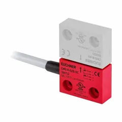 EUCHNER CMS Series magnetically actuated safety-interlock switch with 1NO/1NC contacts and LED indicator. Designed for position monitoring of movable guards on industrial machinery. Terminated with 16.4 ft bare-wire cable for direct connection.