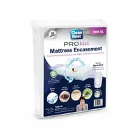 This CLEANREST mattress encasement is made of polyester with a polyester blend pad, measuring 80 inches long and 39 inches wide, fitting beds up to 12 inches high. It is designed to protect mattresses and box springs from dust, allergens, and spills in hospitality, healthcare, and residential settings