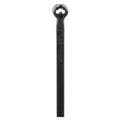Black nylon cable tie with fine adjustment mechanism for precise tightening. 8-inch length, 2-inch maximum bundle diameter, 0.09-inch width. Rated for outdoor use. Suitable for bundling wires, cables, and hoses in electrical panels, telecommunications, and construction. Pack of 100.