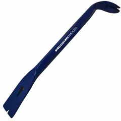 This 12-inch nail puller features a claw end with three nail slots for extracting nails from wood or other materials. With a 5/8-inch bar width and 1 1/4-inch end width, it provides leverage for removal in construction, carpentry, and demolition tasks.