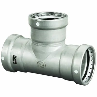 VIEGA MEGAPRESS Crimp Tee Fitting: 4 in Pipe x 4 in Pipe x 4 in Pipe Size, FKM - Potable Water Stainless Steel Press Fittings