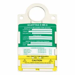 Rectangular scaffold inspection tag made of PVC, measuring 6 inches wide by 11 1/2 inches high. Features green, white, and yellow color scheme with English text. Suitable for indoor and outdoor use in industrial environments for identifying scaffold inspection status.