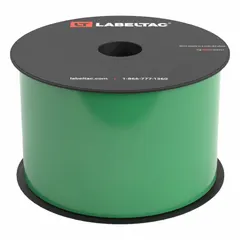 Continuous vinyl label roll for LabelTac Pro 2 printer. Green gloss finish with magnetic adhesive for temporary, repositionable labeling on ferrous surfaces. Rated for indoor/outdoor use. Suitable for safety signs, asset tags, and inventory markers.