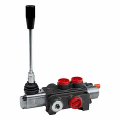 This manual spool monoblock valve is a four-way, three-position directional control valve with a tandem center spool configuration. It features spring centering to automatically return the spool to neutral. Suitable for controlling hydraulic fluid direction in mobile or industrial equipment.