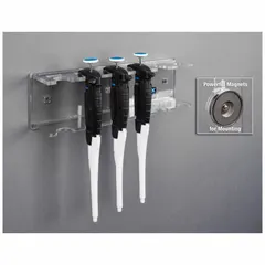Wall-mounted pipette holder made of clear PETG. Overall dimensions: 12 5/8 in width, 3 3/4 in height, 2 1/2 in length. Holds up to six pipettes. Suitable for organizing pipettes in laboratory or cleanroom environments.