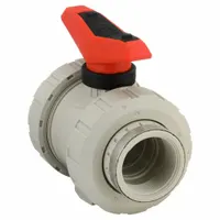 This manual two-way ball valve features a polypropylene body with straight configuration and FNPT x FNPT end connections. The two-piece design includes a lever handle for on/off flow control. Suitable for use in industrial piping systems handling corrosive fluids, water treatment, chemical processing, and general plant utilities