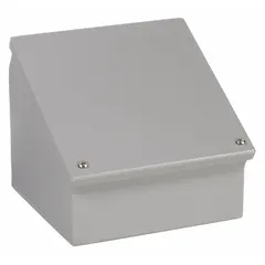 Steel console enclosure for housing electrical controls, instruments, and terminals. Measures 20 x 20 x 13 inches. NEMA 12/13 rated for protection against dust, dirt, oil, and non-corrosive liquids. Suitable for industrial environments such as factory floors and machine shops.