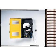 Plastic storage cabinet in black/yellow for SCBA and respirator equipment. Measures 13 inches in length. Includes mounting hardware for wall installation. Suitable for organizing breathing apparatus in industrial or facility settings.