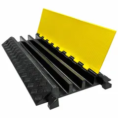 This rubber cable ramp with a hinged cover provides three channels for routing cables, hoses, or cords across pedestrian walkways or vehicle pathways. It accommodates cables up to 2 1/8 inches in diameter and measures 19 1/2 inches wide by 3 inches high. The black/yellow color enhances visibility to reduce trip hazards.