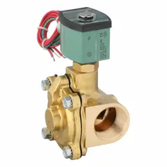 This 2-way, 2-position normally open solenoid valve is designed for on/off control of liquids or gases in industrial piping systems. It features a watertight construction suitable for washdown environments. Pipe size is 1 1/4 in, with voltage ratings of 110V AC and 120V AC at 50/60 Hz.
