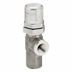 Soft-seat pressure control valve with stainless steel body and 1/2 in NPT connections. Maximum set pressure of 35 psi. Used in hydraulic and pneumatic systems for regulating downstream pressure in industrial fluid power circuits and process control applications.