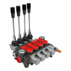 This manual spool monoblock valve features a four-way, three-position configuration with a Tandem Center spool and spring-centered return to neutral. With 4 spools, it is used in hydraulic systems to control the direction of fluid flow to double-acting cylinders or motors. Typical applications include mobile equipment such as loaders and lifts, where manual actuation is required.