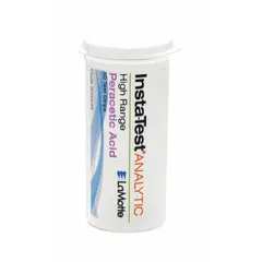 Single-parameter test strips for measuring peracetic acid concentration from 0 to 1,000 ppm. Each 3-inch strip provides a quick colorimetric reading. Package contains 50 tests. Suitable for monitoring peracetic acid levels in water treatment, sanitation, and disinfection processes.