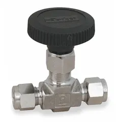 This Parker V Series needle valve features a 316 stainless steel body with an integral bonnet and PTFE components. It has a 3/8 in pipe size and compression x compression connections. Designed for precise flow regulation of chemicals, it meets ISA S75.02 standards.