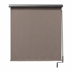 This exterior sun shade from the Regal Series features a pole-and-crank mechanism for easy deployment and retraction. It has a 6 ft valance width with a 3 in valance height in oil-rubbed bronze, and light brown fabric. The bungee and hook tie-down system secures the shade against wind. Suitable for patios, decks, and other outdoor areas requiring sun protection.