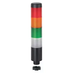 Four-tier tower light assembly with green, red, white, and yellow light tiers for visual status indication in industrial automation and machinery. No sounder tier. Operates on 24V AC/DC. Overall height 209 mm.