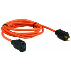 This 10-foot outdoor extension cord features a single NEMA 5-15P outlet and plug, with a 16/3 SJTW jacket rated for temperatures from -40° to 167°F. It operates at 125V AC and is suitable for powering tools, lights, or equipment in outdoor environments.
