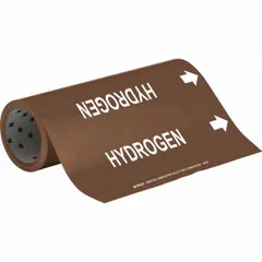 Adhesive pipe markers for identifying hydrogen piping systems. Brown background with white legend text and directional arrows. Each roll contains 30 markers that fit pipe outer diameters from 2-1/2 to 6 inches. Suitable for industrial facilities requiring clear pipe identification.