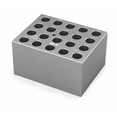 Dry block heater with 20 wells for 1.5 mL tubes, constructed from anodized aluminum for even heat distribution. Well diameter 11 1/2 mm, overall dimensions 3 in length by 3 3/4 in width. Includes a thermometer well. Suitable for warming or incubating samples in laboratory settings.