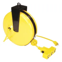 Self-retracting cord reel with ratchet lock mechanism for controlled cord payout and retraction. Includes 30 ft of 14 AWG SJT cable terminated with a NEMA 5-15P plug and a NEMA 5-15R receptacle. Suitable for organizing and extending power supply in workshops, warehouses, and industrial settings.