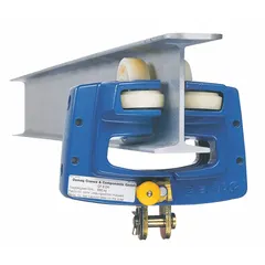 Push trolley for mounting a hoist on a flat beam, allowing manual movement along the beam. Cast aluminum frame. Fits beam flange widths from 2 in to 3 1/2 in. Maximum hoist load capacity: 1,200 lb.