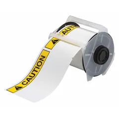 White vinyl precut label roll with CAUTION header, measuring 4 in x 6 1/4 in and 6 1/4 in x 4 in. Features acrylic adhesive for secure bonding. Compatible with GlobalMark 2 printer series. Used for industrial safety labeling to mark equipment or areas requiring caution.