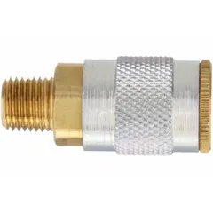 Brass quick-connect air coupling body with 1/4" FNPT threads and sleeve locking type. Designed for connecting air tools and hoses in compressed air systems, enabling fast tool changes without tools. Suitable for automotive, industrial, and workshop applications.