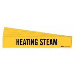 Yellow adhesive pipe marker with black legend text reading 'Heating Steam'. Designed for pipes with outer diameter of 8 inches and larger. Each pack contains 5 markers, each with one marker. No directional arrows included. Used to identify heating steam lines in industrial piping systems.