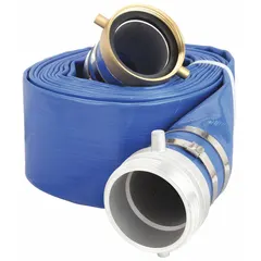 This PVC water discharge hose assembly features synthetic fabric reinforcement for strength and flexibility. With a 1 1/2 in inside diameter and 25 ft length, it is rated for 80 psi and operates from 5° to 150°F. The blue hose has MNPSM x FNPSM connections, suitable for water transfer in industrial, construction, and agricultural settings.