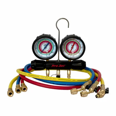 PRO-SET Refrigerant Manifold Set: 2 Valves, 3 Hoses, Series Working Man - Analog Manifolds