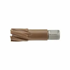 Carbide-tipped annular cutter with TiAlN/TiSiN coating for enhanced wear resistance. Cutter diameter 3/4 in, maximum cutting depth 2 in. Weldon Flat shank for secure holding. Suitable for cutting precise holes in tough materials such as stainless steel and high-strength alloys in structural fabrication, shipbuilding, and heavy equipment maintenance.