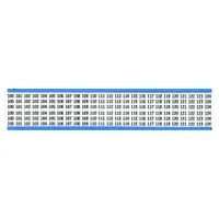 Preprinted wire marking label sheets from BRADY, featuring black legends on white vinyl cloth. Each pack contains 25 sheets with a total of 625 labels, numbered 100 to 124. Rated for continuous use from -40°F to 176°F, suitable for identifying wires and cables in control panels, machinery, and building installations