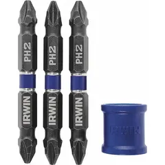 Double-ended power driver bits with a PH2 Phillips tip on side 1 and a hex shank for secure chuck grip. Sold as a 3-pack for backup during fastening tasks. Suitable for driving Phillips-head screws in general construction and assembly applications.