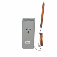 Steel-enclosed freeze protection control with manual reset, SPST switch action (close on rise), and temperature range -30° to 50°F. Includes 10 ft capillary with 5-3/4 in x 3/8 in bulb. Operates on 120/240V AC. Used to prevent freezing in HVAC systems, boiler rooms, and other indoor applications requiring minimum ambient temperature maintenance.