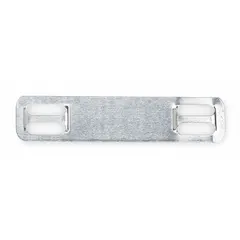 Rectangular marker plate made from 304 stainless steel with a thickness of 0.01 in. Measures 3/8 in x 1 3/4 in and features four mounting holes. Designed for use with label stamping presses to produce permanent identification tags for equipment, panels, or cables in industrial settings.