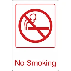 This CONDOR No Smoking sign is made of acrylic and features adhesive mounting for quick installation on walls or doors. With a nominal size of 9 inches by 6 inches, it is not retroreflective and has no glow-in-the-dark or anti-slip surface. Suitable for indoor use in industrial facilities, offices, or public areas to clearly indicate smoking restrictions.