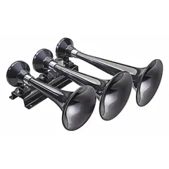 WOLO 855 is a low-tone, air-powered trumpet horn designed for trucks. It features a painted black finish and includes a 10 ft 1/4 in nylon high-pressure hose. This horn is suitable for use in heavy-duty commercial and industrial vehicles requiring an audible warning signal.