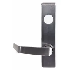 Chrome-finished lever trim for exit push bars, suitable for doors up to 48 inches wide. ADA compliant outside trim type lever for commercial openings requiring secure access control.