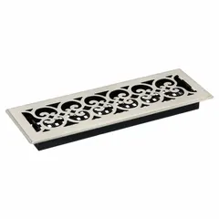 This floor register features a brushed nickel steel grille with a decorative finish. It measures 15 1/2 inches in height and 5 1/2 inches in width, with fixed blades for one-way airflow. Suitable for floor installations in HVAC systems where adjustable airflow direction is not required.