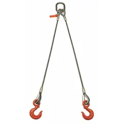 Steel wire rope sling with two legs for balanced lifting. Uncoated rope. Rated capacity 19,400 lb at a 60-degree angle. Used in material handling for hoisting and positioning loads in industrial environments.