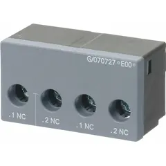 Front-mounted auxiliary contact block with 2 normally open (2NO) contacts, designed for use with SIRIUS 3RA6 Compact Starters. Provides additional control or signaling circuits in industrial motor control applications.