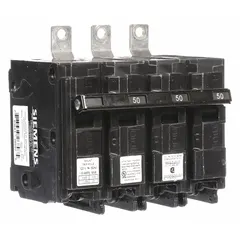 Three-pole, bolt-on miniature circuit breaker rated 50 A at 120/240V AC, three-phase, with shunt trip. Part of the BL series, it has a maximum AIR rating of 22 kA at 240V AC. Designed for use in Siemens P1 panelboards to provide overcurrent protection in commercial and industrial power distribution systems.