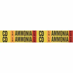 Ammonia adhesive pipe marker for identifying liquid (LIQ) high-pressure ammonia piping systems. Fits pipe outer diameters from 3/4 to 2-3/8 inches. Pack of 4 markers without arrows, featuring IIAR system abbreviation CD.
