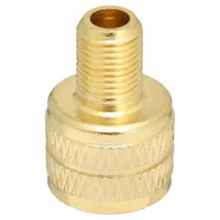 This clamp-in cap adapter features an L-shape design for angled access in confined spaces. Made of brass with a 0.458-26 thread, it adapts large bore tire valves to standard bore sizes for inflation or pressure monitoring on industrial vehicles and equipment