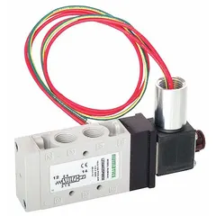 This AVENTICS Series L2 solenoid air control valve is a five-way/two-position directional control valve with a single solenoid and spring return mechanism. It operates on 24V DC and is non-locking. Commonly used in pneumatic systems to direct compressed air for actuating cylinders or other actuators in industrial automation and packaging.