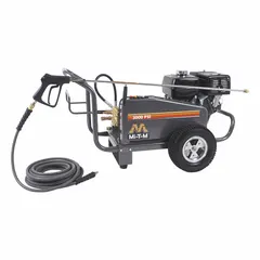 Cart-mounted cold water pressure washer delivering 3000 psi at 3.5 gpm. Powered by a Honda engine with a usable per week rating of 20 hours. Suitable for cleaning equipment, machinery, and surfaces in industrial and commercial settings.