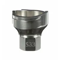 This stainless steel S33 adapter connects PPS series disposable cups to spray guns. It features a 1/8 in thread size and is used in painting applications for reliable fluid delivery