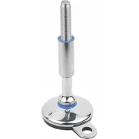 Hygienic male leveling mount with swiveling stud, M16 thread size, 100 mm length, and 25 kN load capacity. Polished finish and round base shape. Includes mounting holes for installation. Used for leveling and stabilizing machinery in clean environments