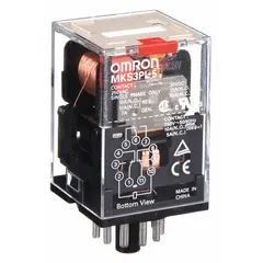 Socket-mounted relay from the MK-S Series with an octal base and round pins. Features a 3PDT contact configuration, 24V AC coil voltage, and a current rating of 10 A (7 A at 250V AC inductive load). Suitable for switching inductive loads in industrial control panels and automation systems.